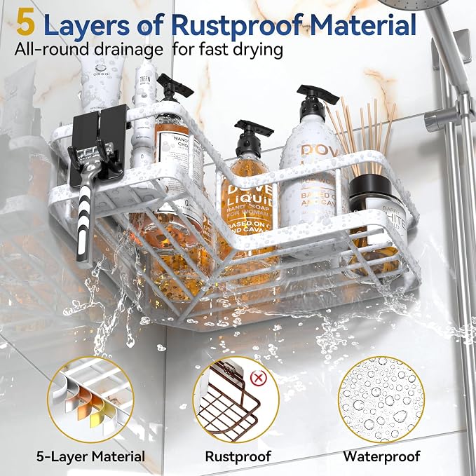 Corner Shower Caddy Adhesive, 100% Rustproof Shower Organizer with Soap and Troothbrush Holder, No Drill Shower Shelf for Inside Shower, Wall-Mounted Shower Storage for Homes (5 Pack, White) - Image 4