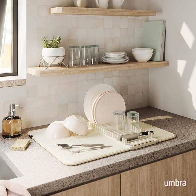 Umbra Udry Dish Drying Rack with Mat, Folds Flat for Storage, Linen | Protects countertop, BPA-free, recycled plastic construction - Image 2