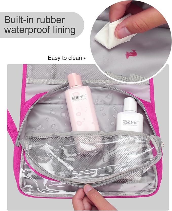 Relavel HangingTravel Toiletry Bag for Women, Large Capacity Toiletries Bag, Travel Essentials Organizer, Hanging Makeup Case for Accessories, Waterproof Bathroom Shower Bag (hot pink) - Image 9