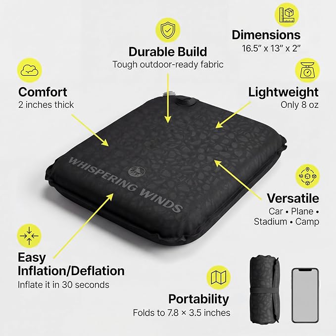 Whispering Winds Inflatable Seat Cushion | Comfortable & Packable Blow-up Foam Pad for Airplane Travel, Stadium Outdoors, Camping, Car & More - Image 3