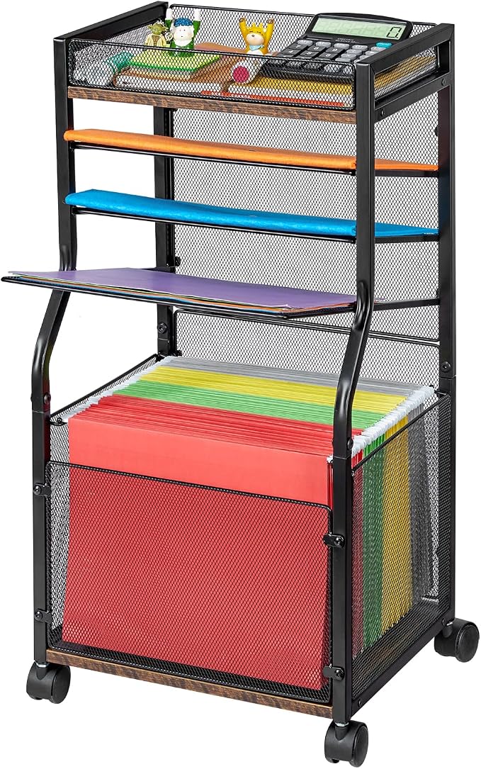 3IngSeagulls Rolling File Cart, 5-Tier Mobile Filing Cabinet on Lockable Wheels, Under Desk Storage, Mesh Sliding Hanging Folder, Office Storage & Organization Cabinet for Office, Home, and School by 3IngSeagulls