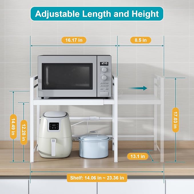 DOLALIKE Expandable Microwave Stand Kitchen Countertop Organizer, White | Adjustable Microwave Oven Rack Metal Storage Shelf with 3 Hooks for Pans Small Appliances Kitchen Utensils Tableware, 2-Tier - Image 3