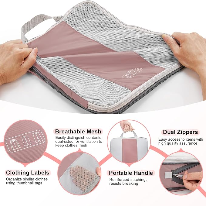 OlarHike 10 Set Compression Packing Cubes for Travel Essentials,Compressible Expandable Space Saver Bags for Organizing Clothes,Luggage Suitcase Garment Bags with Over 1000 pcs Mesh Holes(Light Coral) - Image 6