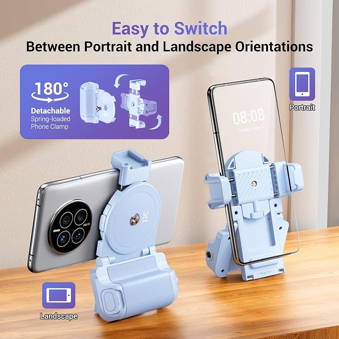 Phone Camera Grip Smartphone Photography Shooting Clip with Tripod Mount & Detachable Wireless Shutter Remote Control, Phone Selfie Grip Handle Stand for iPhone Samsung Android Phone Vlog Video Blue - Image 2
