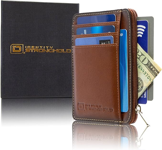 ID Stronghold RFID Blocking Front Pocket Wallet – Slim Minimalist Genuine Leather Wallet with Zipper Coin Pocket (Antiqued Brown) - Image 6