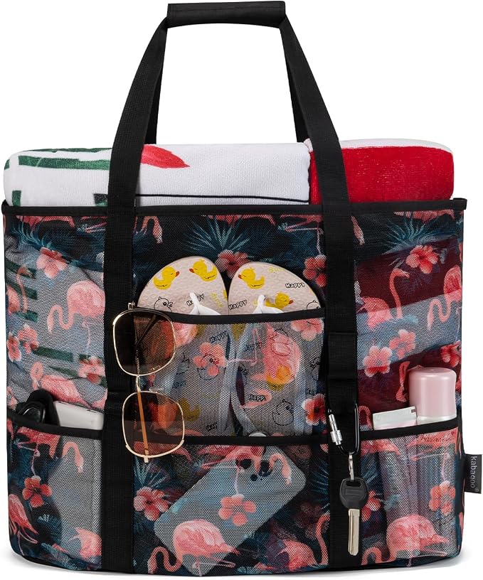 KABAQOO Mesh Beach Bag, Extra Large Beach Bags with 9 Pockets & Zipper Waterproof Lightweight Beach Tote for Beach/Pool Trip by KABAQOO