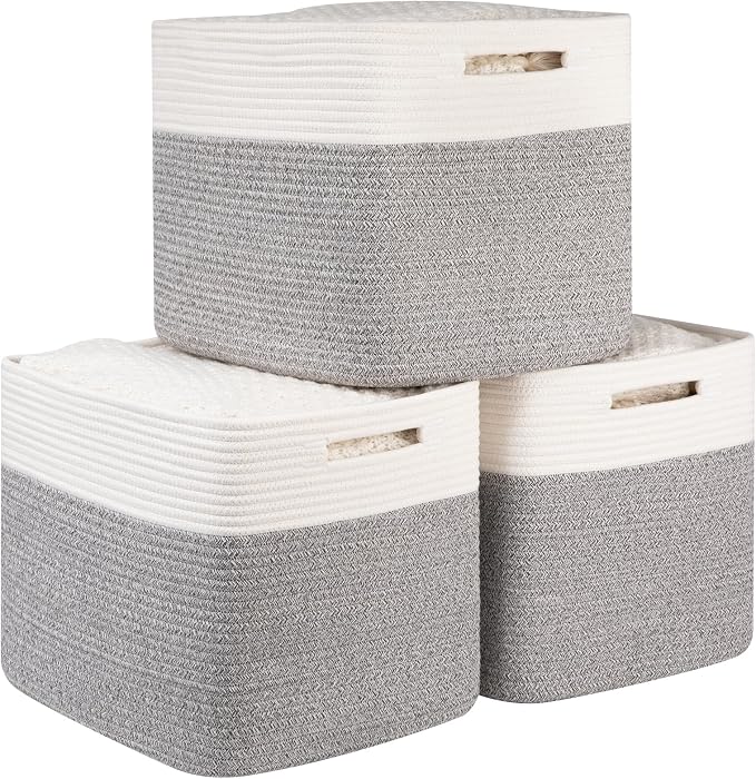 OIAHOMY Cotton Rope Woven Baskets for Organizing 3-Pack 13x15x12.6IN Closet Storage Bins for Clothes Rectangular Storage Baskets for Kids Toy Bins, Living Room Baby Nursery - White & Grey by MasterofSpaceOptimization