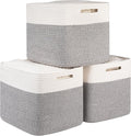 OIAHOMY Cotton Rope Woven Baskets for Organizing 3-Pack 13x15x12.6IN Closet Storage Bins for Clothes Rectangular Storage Baskets for Kids Toy Bins, Living Room Baby Nursery - White & Grey by MasterofSpaceOptimization