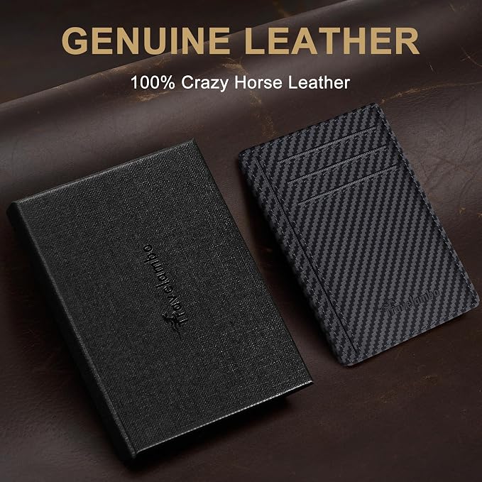 Travelambo 100% Genuine Leather Wallet for Men and Women, Slim Minimalist RFID Blocking Front Pocket Credit Card Holder with Gift Box(Carbon Fiber Black) - Image 2