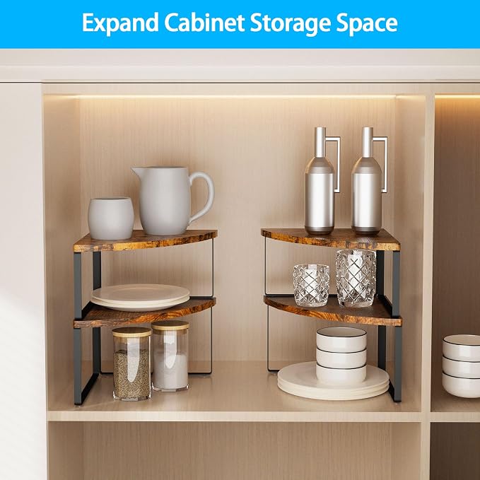 Golener Kitchen Corner Shelf, Corner Spice Rack, Counter Shelf, Stackable | Kitchen Counter Organizer, Plate Organizer for Cabinet, 2-Tier Corner Countertop Shelf, Corner Desk Shelf, Rustic Brown - Image 4