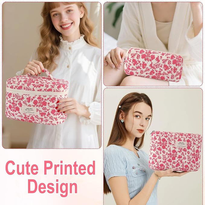 URSKYTOUS 3Pcs Cotton Quilted Makeup Bag for Women Large Small Travel Cosmetic Bag Set Cute Pink Floral Print Makeup Pouch for Purse Portable Skincare Bags Coquette Vintage Puffy Travel Essential - Image 7
