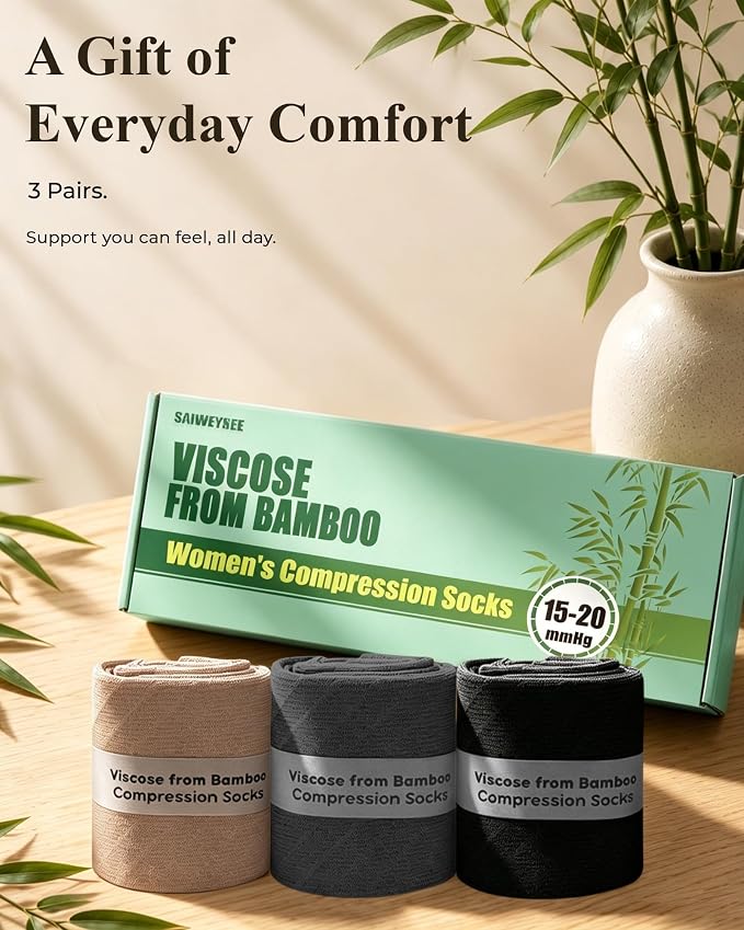 Compression Socks for Women 15-20 mmHg, Viscose from Bamboo, 3-Pair Knee High for Flying, Work & All-Day Comfort - Image 6