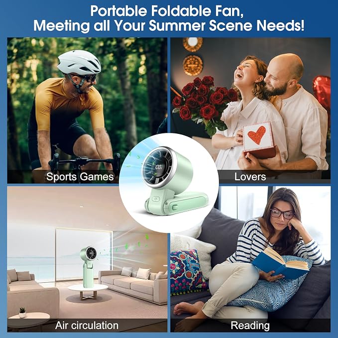 WHATOOK Portable Handheld Turbo Fan: 12m/s Strong Wind 15000RPM Mini Fan, 4000mAh Battery Rechargeable Personal Fan with LED Display, 3 in 1 Foldable Small Fan for Camping Beach Travel, Mint Green - Image 5
