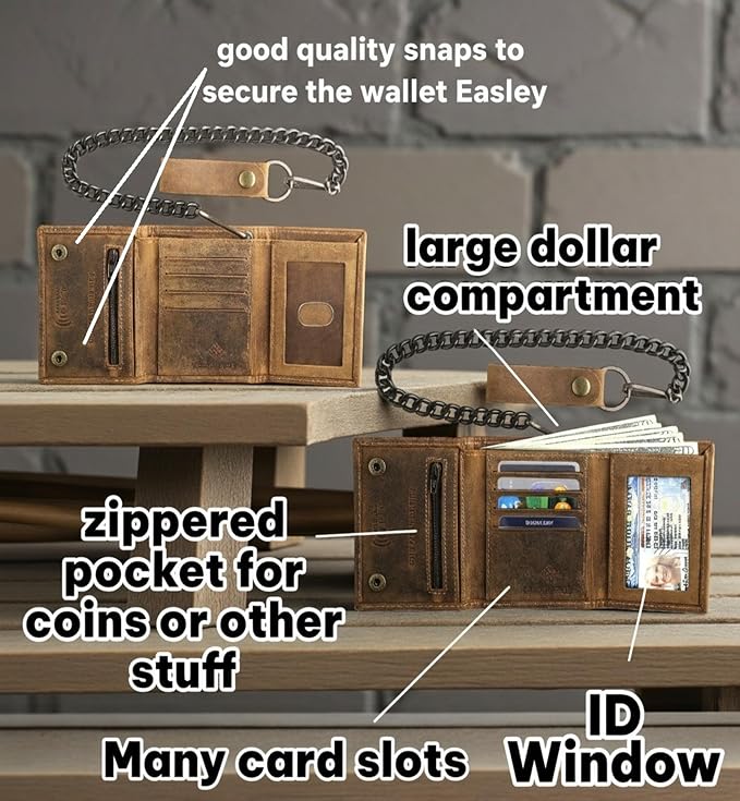 F&L CLASSIC RFID Blocking Men's Tri-fold Vintage Biker Cowhide Leather Steel Chain Wallet,Snap closure, brown, western style,315-82 - Image 4