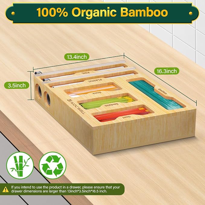 KOCWELL Bag Organizer and Plastic Wrap Dispenser with Cutter, 6 In 1 Bamboo Foil and Plastic Wrap Organizer for Kitchen Drawer, Food Storage Bag Organizer for Gallon,Quart,Sandwich,Snack(Yellow) - Image 2
