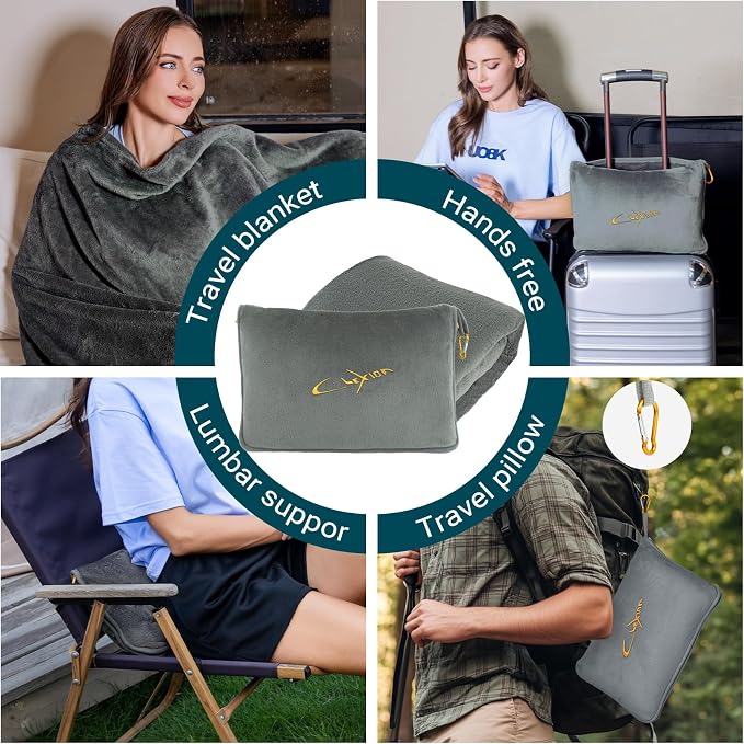 Travel Blanket and Pillow Set for Airplane, 300 GSM Soft Fleece Compact Travel Blanket with Inflatable Pillow and Carry Bag, 60x43 Inches, Grey - Image 3