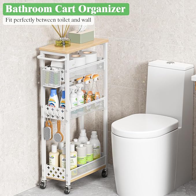 4 Tier Slim Rolling Cart Bathroom Organizer and Storage with Wheels | Narrow metal laundry room cart，kitchen organizer, trolley with handle and mesh basket, 7.1 inch width for small space, white - Image 5