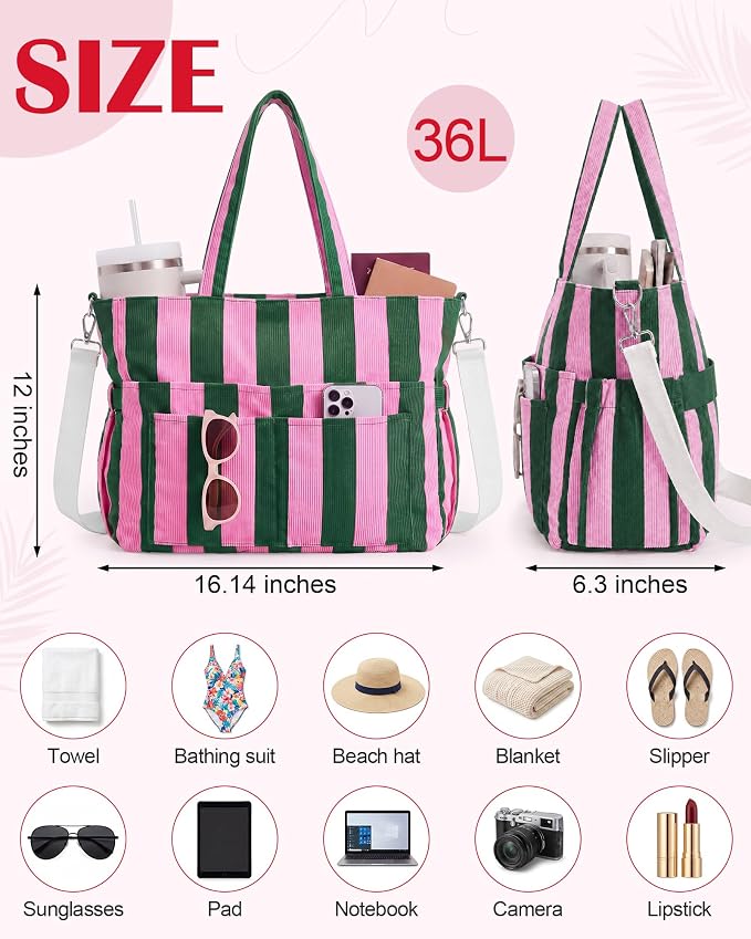 Kacctyen Striped Beach Tote Bag for Women Large Beach Foldable Tote Bag with Zipper Pockets for Travel Pool - Image 3