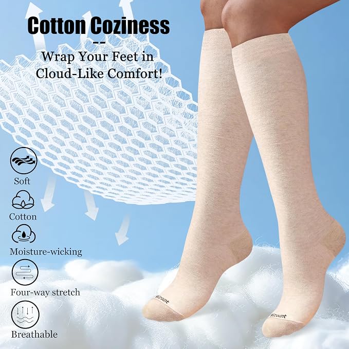 Cotton Compression Socks for Women&Men 15-20mmHg Knee High Cute Support Sock for Nurses, Pregnant Women, Travel - Image 2