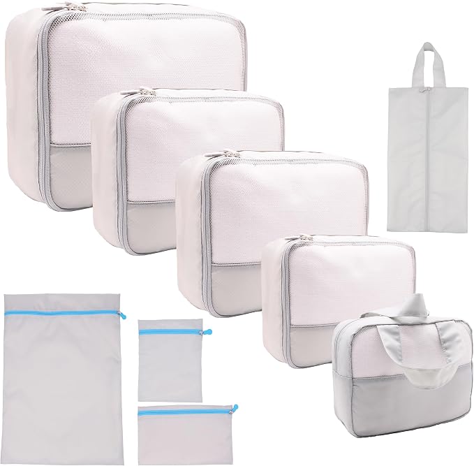 DoubleTrip 9-Piece Gray Travel Organizer Set with 4 Packing Cubes, Cosmetic Organizer, Shoe & Electronics Pouches, and Accessories & Laundry Bag for Luggage Storage & Travel Essentials by DoubleTrip