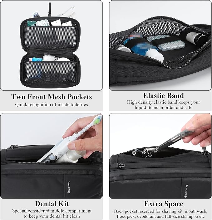 Purevave Compact Mens Toiletry Travel Bag Hanging, Mens Dopp Kit for Travel Waterproof, Wash Pouch Black | Minimalist compact design with multiple pockets, saves space in luggage and bathrooms - Image 2