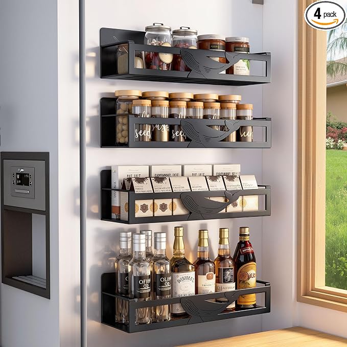 Magnetic Spice Rack for Refrigerator, 4-Pack Metal Seasoning Organizer for Kitchen Storage Organization, Magnetic Shelf for Fridge Space Saving Spice Organizer, Black by AURIKAR
