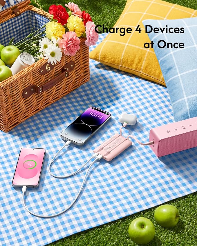 VEGER 10000mAh 22.5W Fast Charging Portable Charger with Built-in Cables | 0.4lb Slim USB C Power Bank, Small Battery Pack for iPhone 17/16/15/14/13 iPad Samsung, Flight Safe, Travel Essential, Pink - Image 6