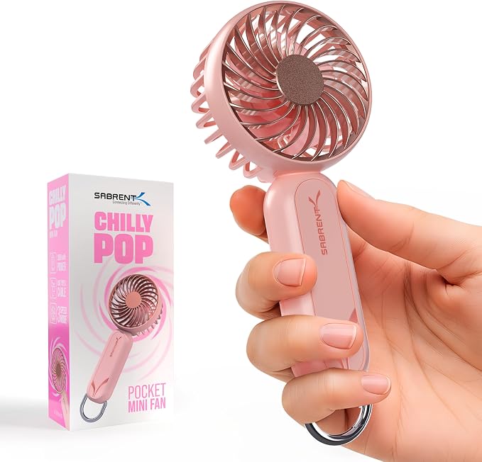 SABRENT ChillyPop Mini Rechargeable Personal Fan, USB-C, Pink | Lightweight quiet cooling; rechargeable USB-C; pocket-sized; travel & makeup fan; pink by SABRENT