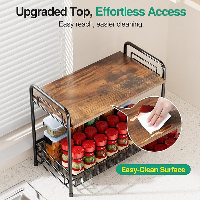 Spice Rack Organizer for Countertop with Wood Top, 2-Tier Foldable Metal Rust-Proof Standing Large Seasoning Storage Shelf with Guardrail & Mesh Design for Kitchen Cabinet Living Room, Black - Image 2