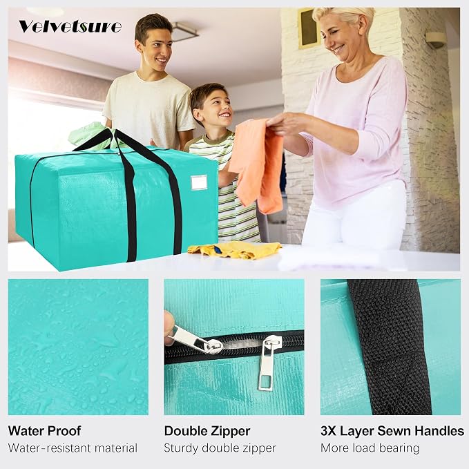 VELVETSURE 12 Pack Heavy Duty Large Moving Bags W/Backpack Straps - Strong Handles & Zippers, Storage Totes For Space Saving, Fold Flat, Alternative to Moving Box and Storage Bin, Aquamarine - Image 3