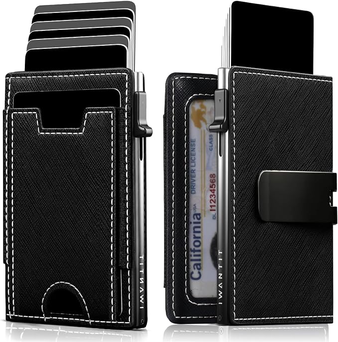 iwantit Slim Wallet for Men Card Holder: Minimalist RFID Blocking Wallet for 8-10 Cards - Smart Pop Up Card Case with Detachable Money Clip - Premium Leather Cardholder, Gift Boxed (CrossGrain Black) by IWANTIT