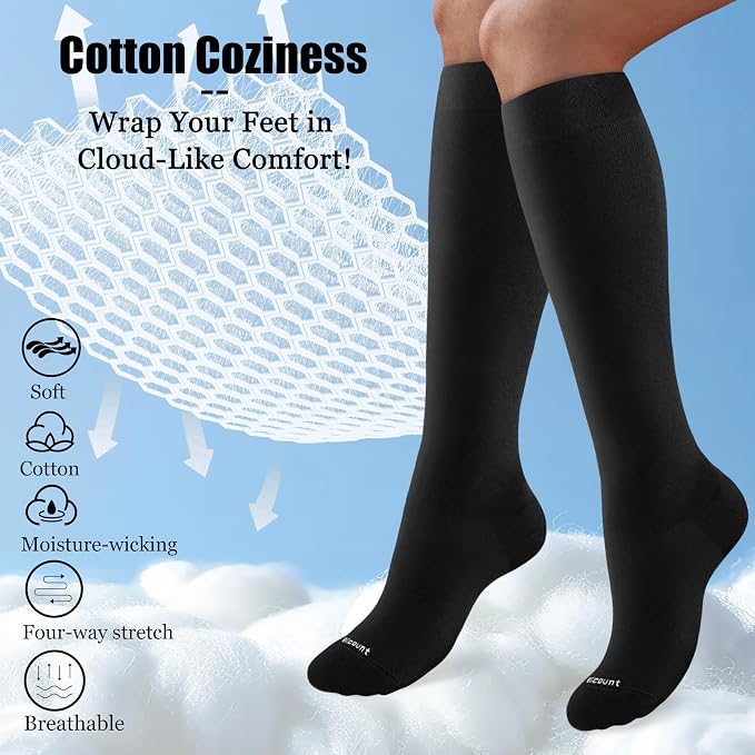 Cotton Compression Socks for Women&Men 15-20mmHg Knee High Cute Support Sock for Nurses, Pregnant Women, Travel - Image 2