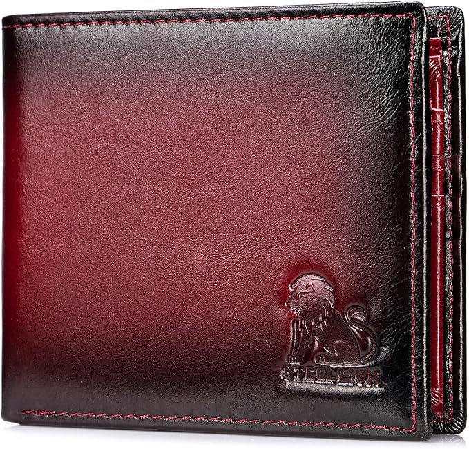 Men's Cowhide Leather RFID Wallet, Slim Bifold (Red) | 2 Clear ID Windows, 10 Card Slots, Zipper Coin Pocket, Gradient Finish for Business, Travel, Daily Carry and Gifts by STEELLION