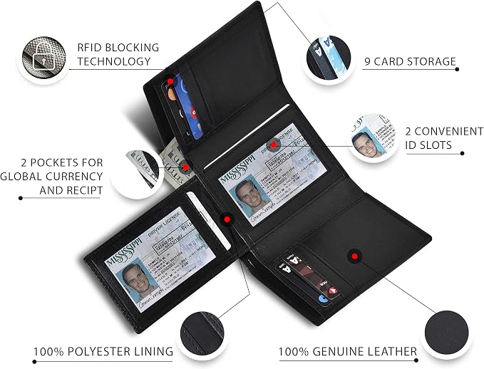 Real Leather Mens Trifold Wallet RFID Blocking Slim Minimalist Front Pocket - Thin & Stylish with ID Window in Gift Box - Image 2