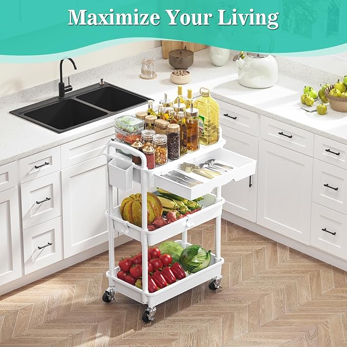 SUNALLY 3 Tier Rolling Cart with Drawer, Craft Storage Cart Organizer,White | Bathroom Storage Organizer with 2 Lockable Wheels, Rolling Utility Cart for Kitchen, Office, Baby, Makeup, Nail,Snack,Laundry - Image 6