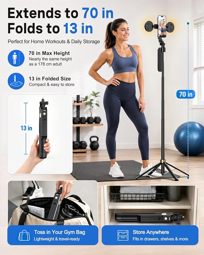 UBeesize 70" Auto Face Tracking Phone Tripod for iPhone & Camera with Light | 360° Auto Follow, Selfie Stick Mode, Dual Mini Ring Lights & Remote for Video Recording, Live Streaming and Content Creation - Image 4