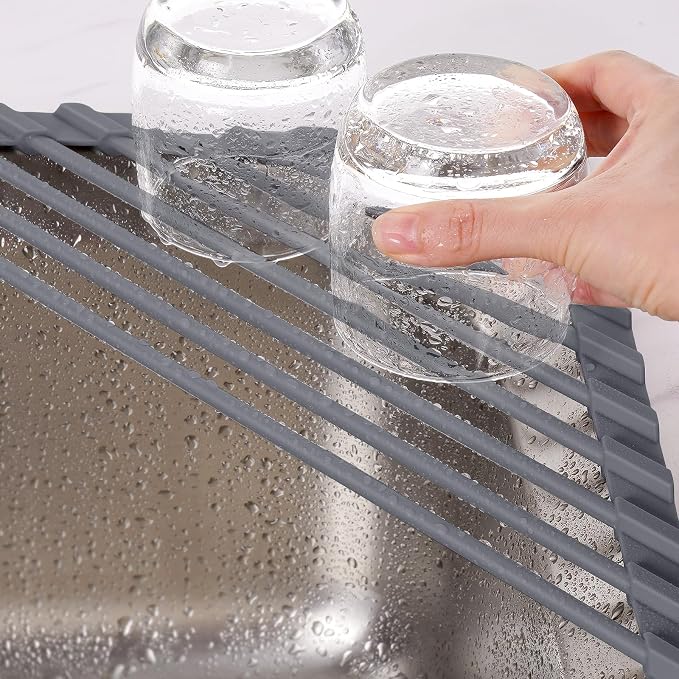 Tomorotec Roll Up Dish Drying Rack with Silicone Coating, Deep Gray | 304 Stainless Steel with BPA-Free Silicone, Triangle Design Maximizes Sink Corner Space, Fits Compact Kitchens And RVs - Image 2