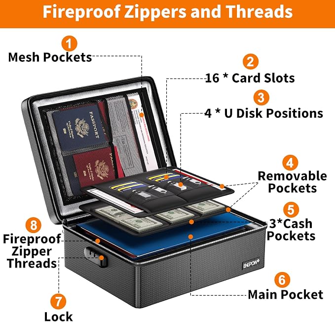 ENGPOW Fireproof Document Box with Lock & Heat-Resistant Fireproof Zipper | 6400°F 12-Layer Fire Protection,Hard Case File Organizer with Multi-Pocket,Portable Home Safe Storage for Money,Jewelry - Image 9