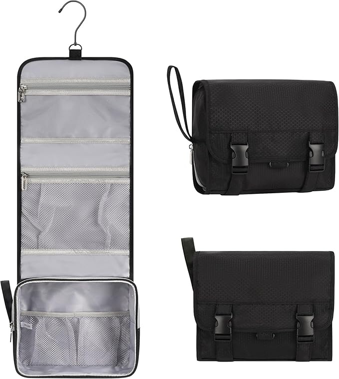 Small Hanging Toiletry Bag for Men and Women, Portable Hanging Organizer | for Travel-Sized Shower Dopp Kit, Makeup Accessories, Waterproof Toiletries Organizer with 3 Compartments for Outdoor - Black by Relavel