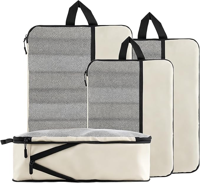 U+U 4 Set Compression Packing Cubes, Travel Organizers (Cream) | Space-Saving & Lightweight Travel by UU