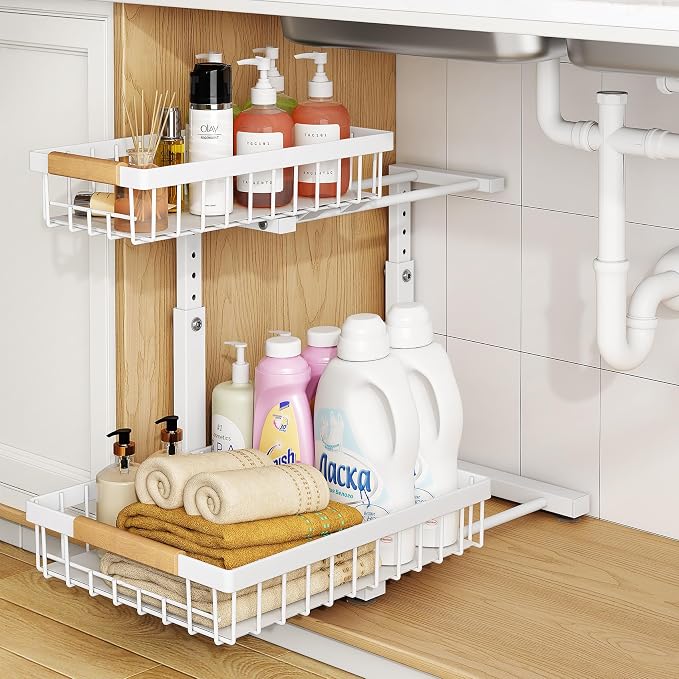 PXRACK Under Sink Organizer, Adjustable Height, 2 Tier Pull Out Under Cabinet Organizer, Slide Out Thickened Metal Under Sink Storage for Kitchen Bathroom Laundry Pantry Cabinet, White, Small-1-Pack - Image 8