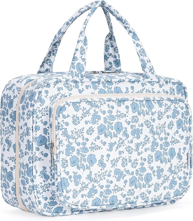 Narwey Travel Toiletry Bag for Women Large Hanging Makeup Bag Organizer Toiletries Bag for Full Size Essentials Accessories Cosmetics (Blue Flower (Large)) by Narwey