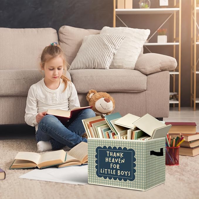 Rustic Thank Heaven for Little Boys Storage Bins Boxes with Handles | toys books clothes,blue checkered nursery foldable basket for organizing bedroom toddler room playroom - Image 5