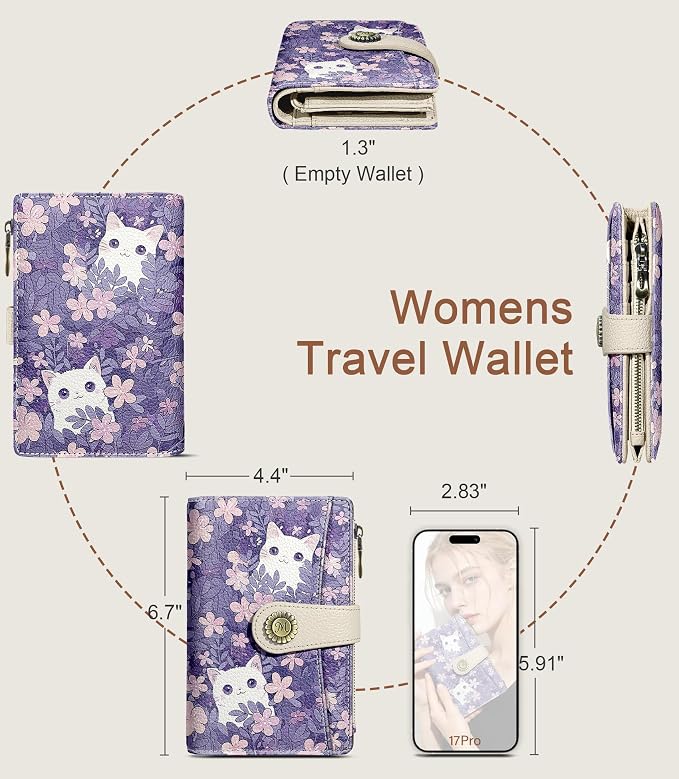 White Cat Wallet Women RFID, Passport Holder, Credit Card Holder | 6.7" x 4.4" x 1.3" Bifold, Travel billfold, Zipper Pocket, PU Leather, Clutch, Purse, ID Window, Pen Holder, Gift Ladies Girl - Image 5