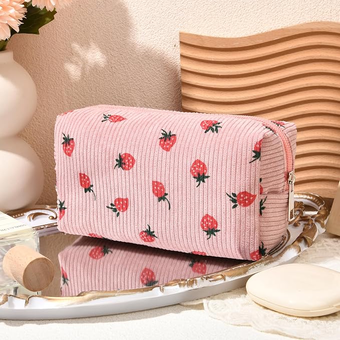 SOIDRAM 2 Pcs Makeup Bag Large Cosmetic Bag Toiletry Bag Makeup Pouch Travel Bag Organizer Cute Makeup Brushes Aesthetic Accessories Storage Bag for Women Pink Strawberry - Image 5