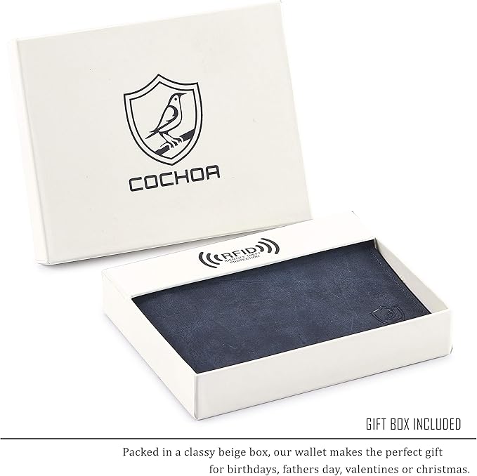 Wallet for Men Slim RFID Blocking Leather Bifold Minimalist 2 ID Windows Gift Box Carteras Para Hombres (CRAZY HORSE, NAVY) - Image 6