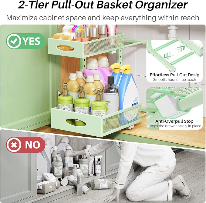 Under Sink Organizer, 2-Pack Pull Out Cabinet Organizer 2 Tier Metal Slide Out Storage Shelf Rack, L-Shaped Adjustable Height,Mesh Sliding Drawer for Kitchen, Bathroom, Laundry, Pantry, Green, XL - Image 4