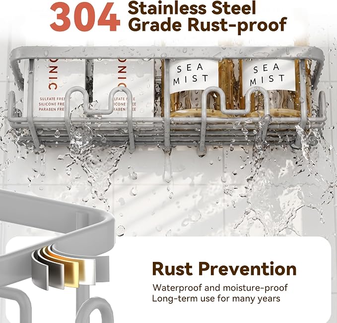 Shower Caddy Adhesive, Rustproof Shower Organizer, Wall Shower Rack | Large Capacity Shower Shelves for Inside Shower, Shampoo Shower Holder, Grey, 2 Caddies, 2 Soap Dishes, 1 Toothbrush Holder - Image 5