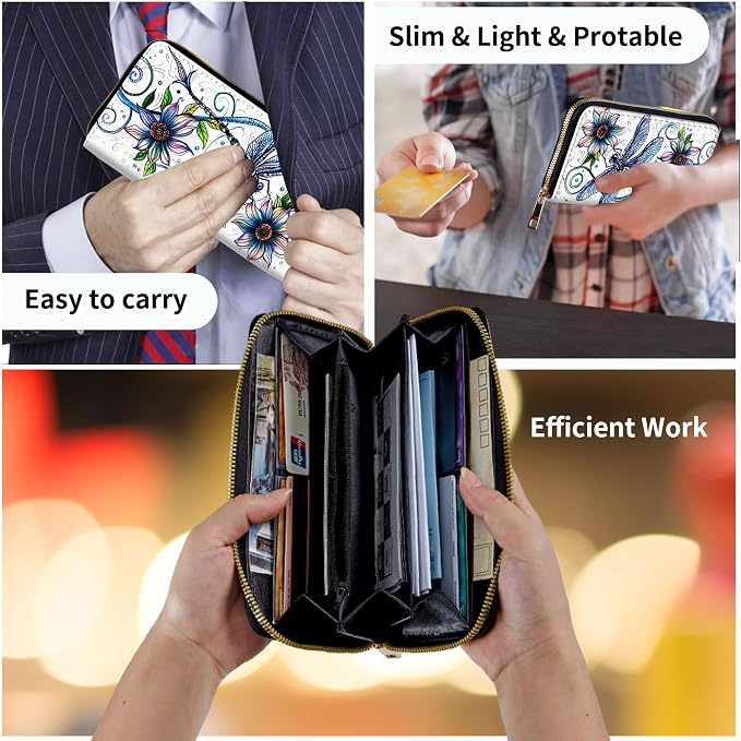 Wallet,Leather Long Wallet Suitable For Ladies And Teenagers - Detachable Wristband + RFID Travel Wallet With Card Slot - Dragonfly with Flowers - Image 7