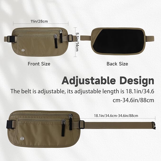 FuninCrea Waterproof Hidden Money Belt for Travel, Anti-Theft Belt Bag with RFID Blocking Function Adjustable Slim Waist Bag with 2 Zipper Pockets and 1 Back Pocket for Travel Running (Style 2, Khaki) - Image 2